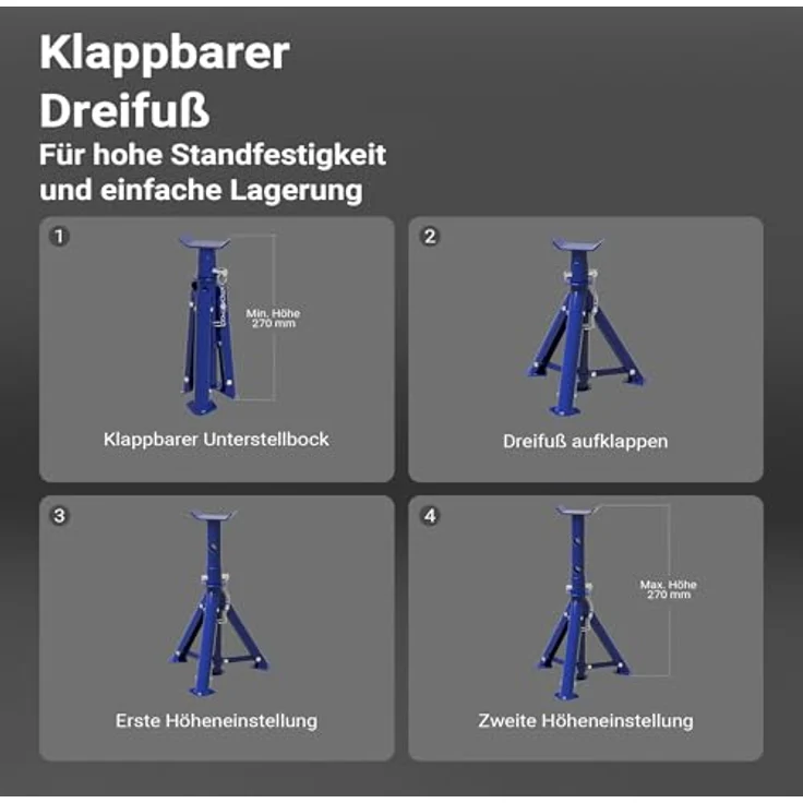Wiltec XPOtool Set, Wagenheber und 2 Unterstellböcke bis 2 t Hubkraft, Hubhöhe 135-335 mm, Arbeitshöhe 270-365 mm, klappbar – Bild 7
