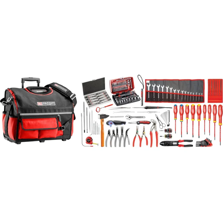 Facom Werkzeugkoffer Sortimentskasten, 14 Zoll, vertikale Werkzeugaufbewahrung, 6 Außentaschen, elastischer Gurt, strapazierfähiges 1200 Denier Gewebe