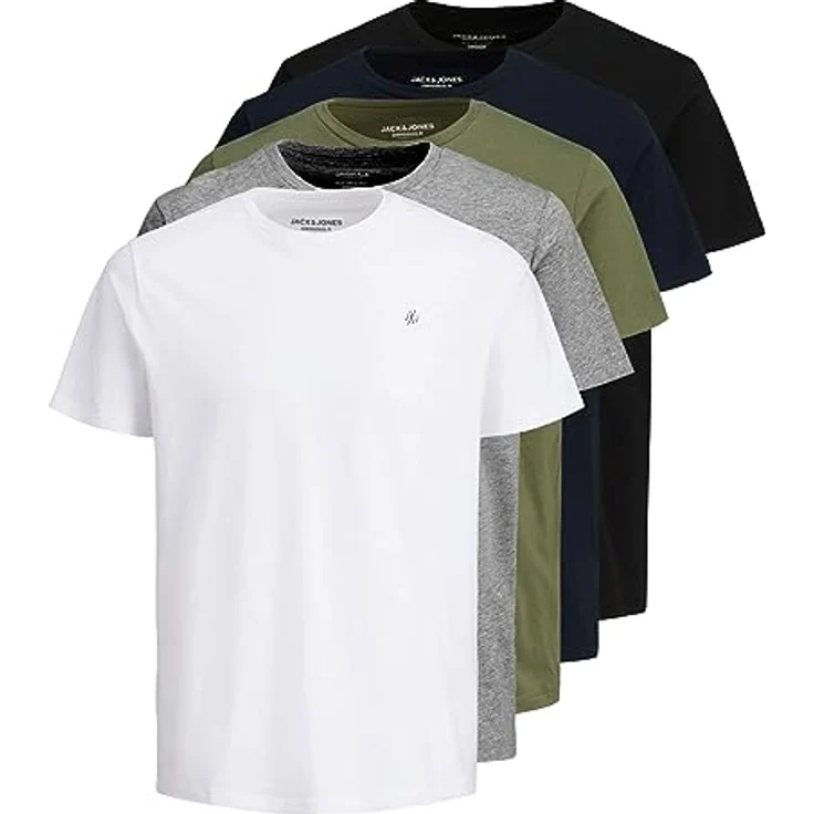 Jack & Jones Jorijxj Herren Shirt, Rundhalsausschnitt, Baumwolle, 5er-Pack, Blau, Schwarz, Grün, Grau, Weiß, (L) – Bild 1
