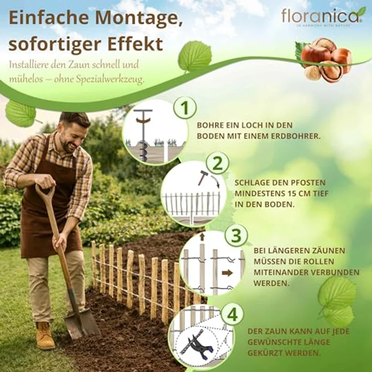 Pemicont Floranica Haselnuss Staketenzaun 35 cm hoch, biologisch abbaubarer Gartenzaun mit 8-10 cm Lattenabstand, handgefertigter Holz Jägerzaun für Teiche und Beete – Bild 6