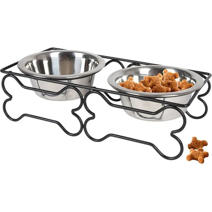 BURI Futternapf Edelstahl Doppelnapf 2x 300ml Fressnapf Wassernapf Futterstation Hunde, Metall-Halterung im Knochendesign