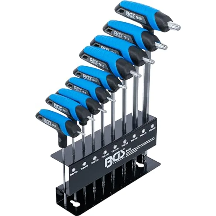 BGS T-Griff-Schlüssel-Satz, 9-teiliges Set für Torx-Schrauben T10 bis T50 mit ergonomischem Griff und Metallhalter