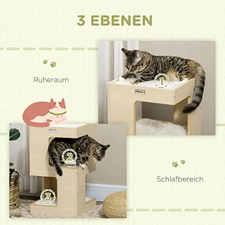 PawHut Tierhaus Katzentonne, KatzenhГ¶hle, 2 Ebenen, inkl. Spielzeug, Eiche, 34L x 34B x 60H cm, Weiche Polsterung, Mausspielzeug, Geeignet für Katzen unter 5 kg – Bild 3
