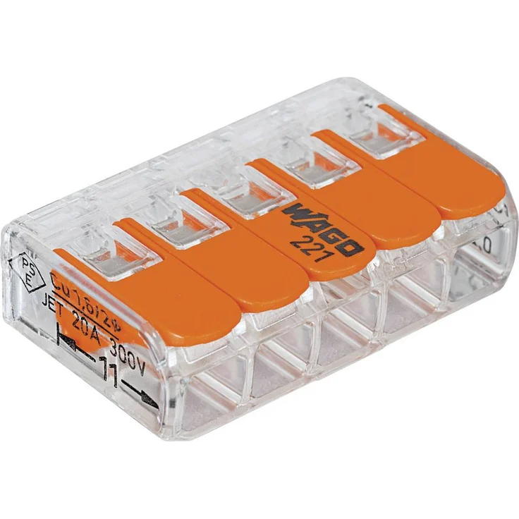 WAGO 221-615 Verbindungsklemme, flexibel für 0.5-6mm² und starr für 0.5-6mm², Polzahl 5, 6 Stück, transparent-orange