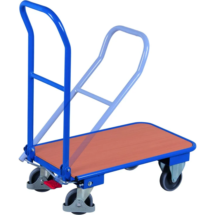 Variofit Transportwagen, Klappbügelwagen (150 kg) aus geschweißtem Stahl mit klappbarem Schiebegriff, Buche-Dekor, pulverbeschichtet in Gentianblau – Bild 1