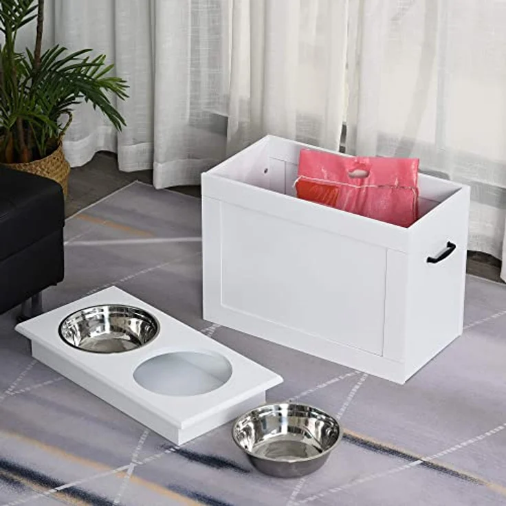 PawHut Hunde Fressnapf mit Staumraum 2 Näpfen Futterstation Edelstahlnapf Katzenapf MDF Edelstahl Weiß 60 x 30 x 41 cm – Bild 2