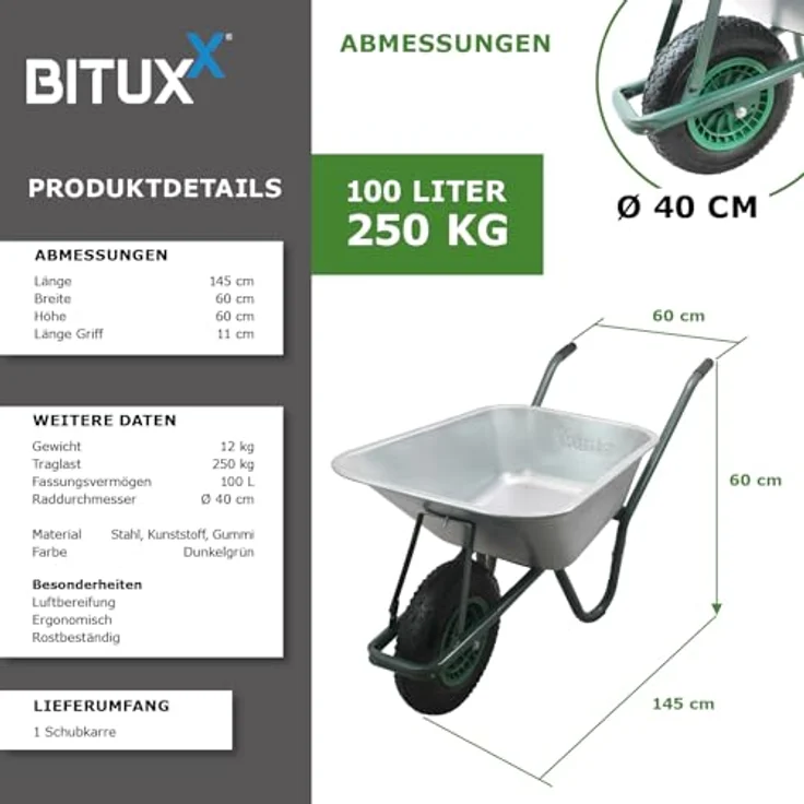 BITUXX® Schubkarre 100L, verzinkt mit Luftreifen und nadelgelagerter Achse, max. Zuladung 250kg – Bild 3