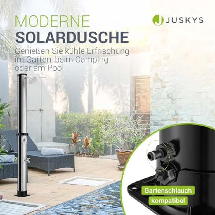 Juskys Solardusche Victoria, 40 L, schwenkbarer Duschkopf, stufenlose Temperaturregelung bis 60 °C, inkl. Fußdusche, klassisch schwarz – Bild 2