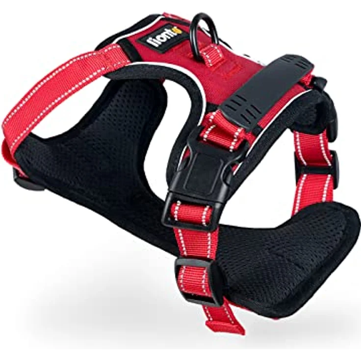 lionto Hundegeschirr gepolstert, Anti-Zug Geschirr aus weichem Nylon, Größe L, reflektierend, mit 2 Ringen, 4 Einstellgurten, 2 Klickverschlüssen und gummiertem Griff, rot – Bild 1