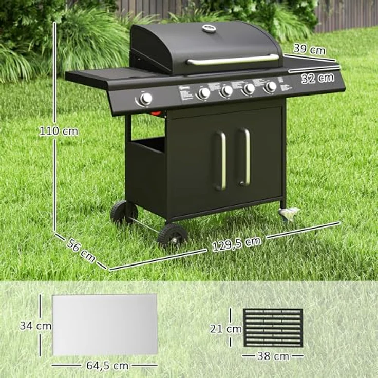 Outsunny Gasgrill 15,2 KW Grillwagen inkl 5 Edelstahl-Brenner, Seitenkocher, Deckel mit Thermometer, BBQ Gartengrill, 129,5 x 56 x 110 cm – Bild 5