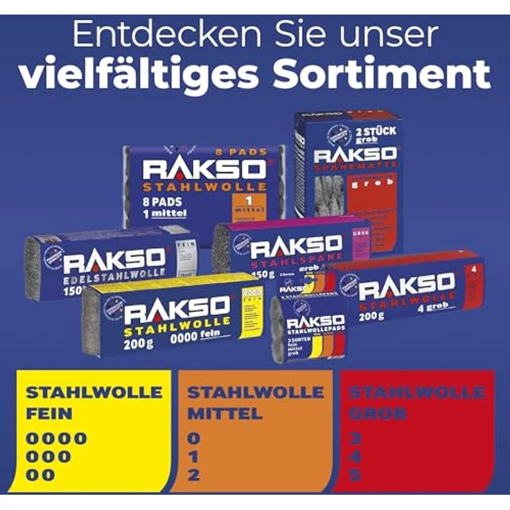 RAKSO Stahlwolle DIY Polier- und Schleifpads, 3er Set fein, mittel, grob für Holz, Farbe, Metall – Premium-Qualität Made in Germany – Bild 5