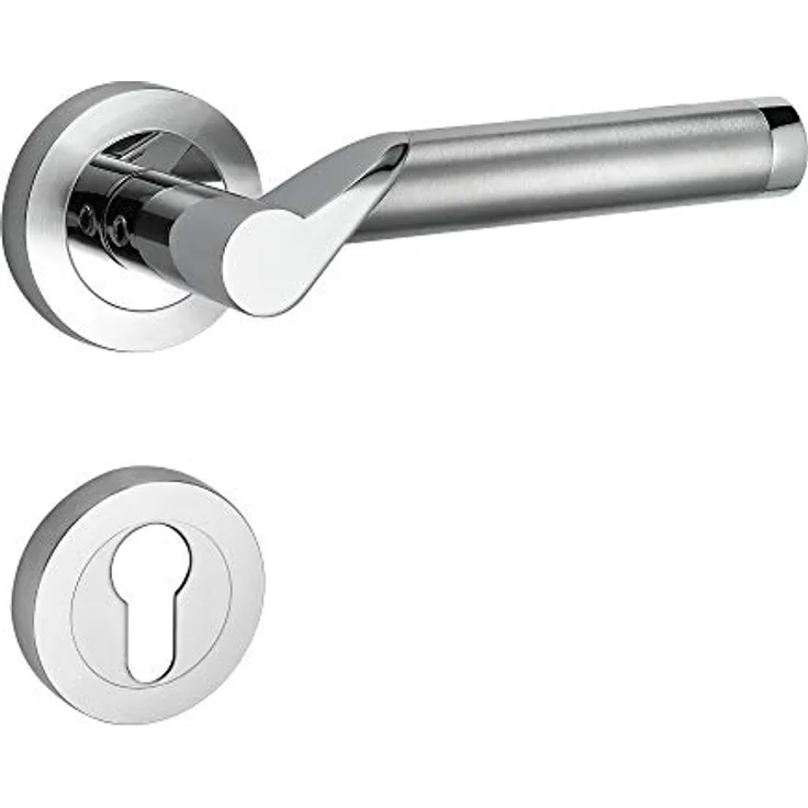 ck-türbeschläge Drückergarnitur Lightning, Schnellmontage mit Schraubrosettenoptik, festdrehbare Lagerung, Chrom/Edelstahl matt (Profilzylinder PZ)