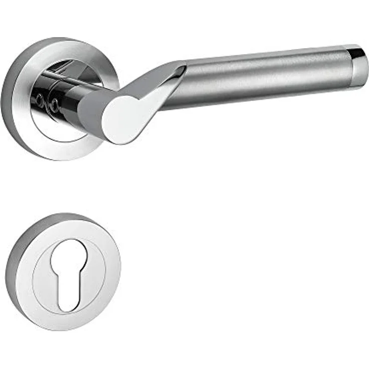 ck-türbeschläge Drückergarnitur Lightning, Schnellmontage mit Schraubrosettenoptik, festdrehbare Lagerung, Chrom/Edelstahl matt (Profilzylinder PZ) – Bild 1
