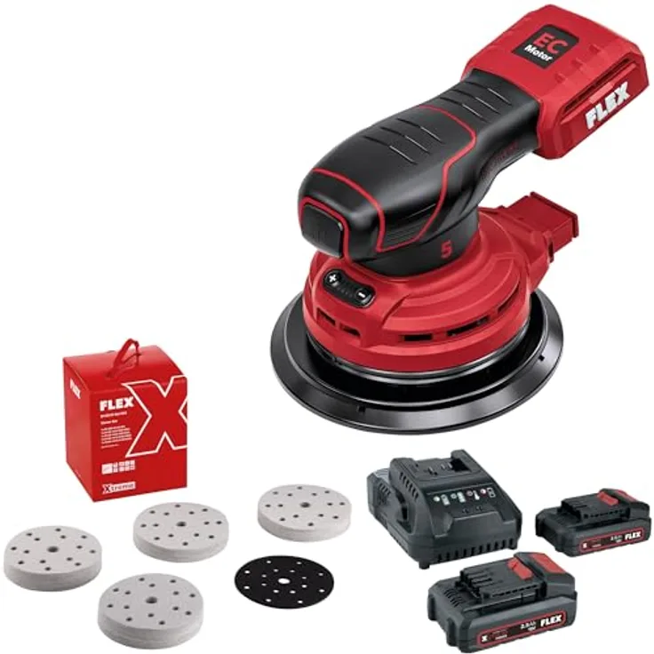 FLEX Akku-Exzenterschleifer ORE 5-150 18-EC C, 18 V mit Drehzahlregelung, inkl. Staubsack und Schleifpapier Set D150 (rot)