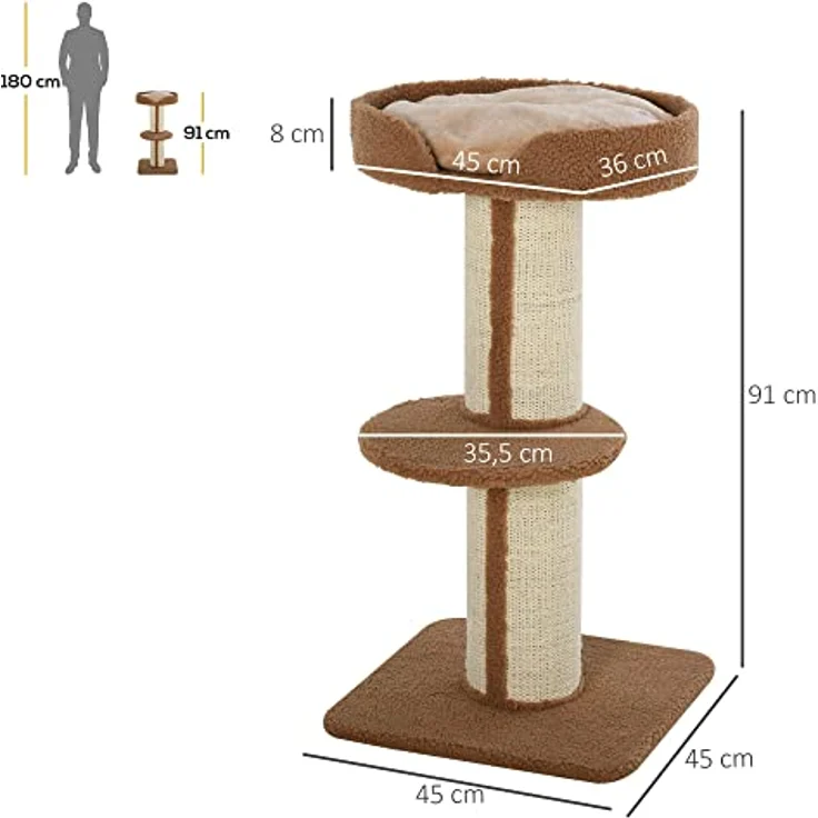 PawHut Katzenbaum Kratzbaum Katzenkratzbaum Spielbaum Kratzstamm mit Plattform Sisal Plüsch Hellbraun 45 x 45 x 91 cm – Bild 3