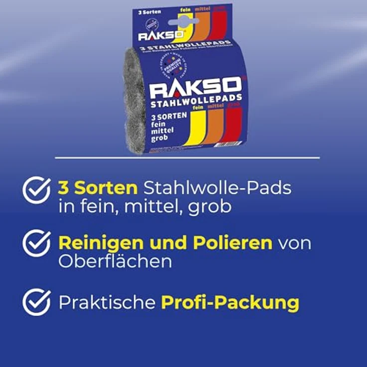 RAKSO Stahlwolle DIY Polier- und Schleifpads, 3er Set fein, mittel, grob für Holz, Farbe, Metall – Premium-Qualität Made in Germany – Bild 2