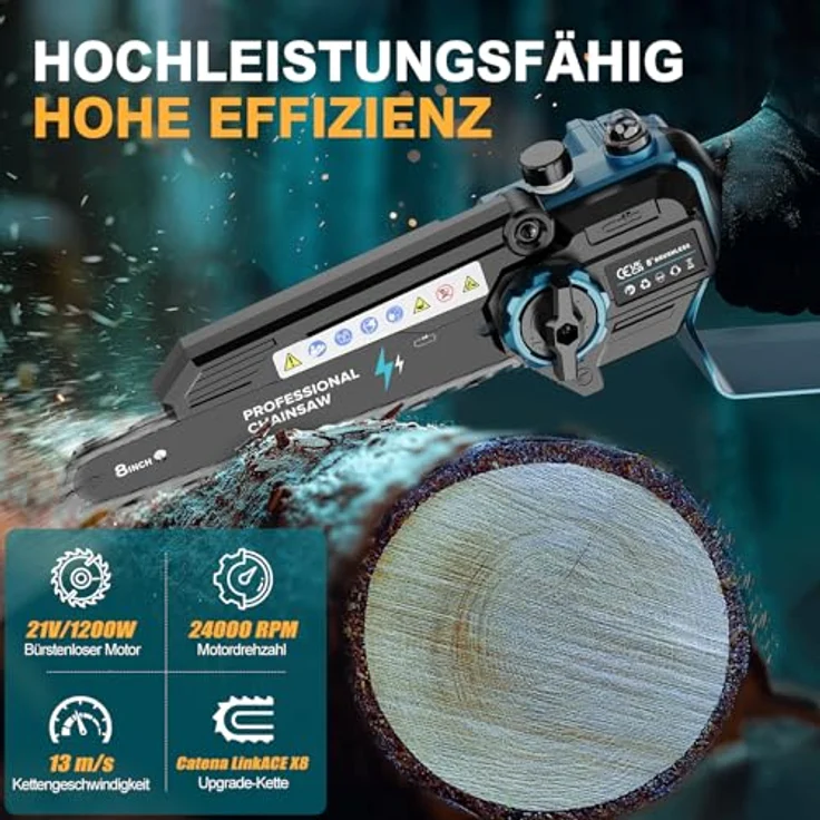 RINOXAR Mini Kettensäge PowerCut X7, 8“ Akku Motorsäge mit 2 x 4000mAh Akkus, 1200W bürstenlos, Einhand-Astsäge für Gartenarbeiten – Bild 4