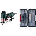 Metabo Stichsäge STE 100 Quick, präzise Stichsäge mit variablem Hub, Pendelhub und 30-tlg. Bosch Stichsägeblatt-Set Wood and Metal im Kunststoffkoffer