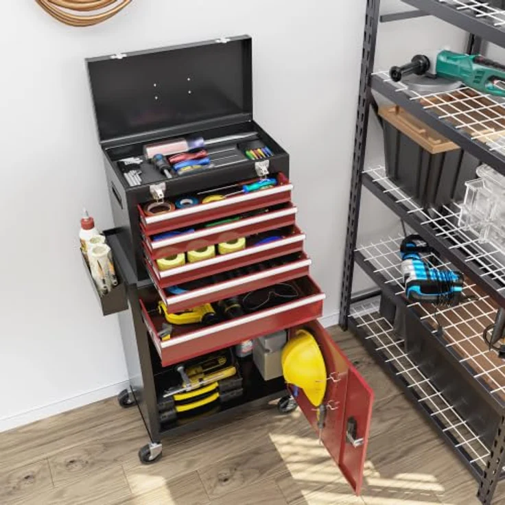 HOMCOM Werkstattwagen abschließbar, mit Rollen, Pulverbeschichtung, 130 kg Traglast, Schwarz/Rot, inkl. 1-tlg. Werkzeugset – Bild 8