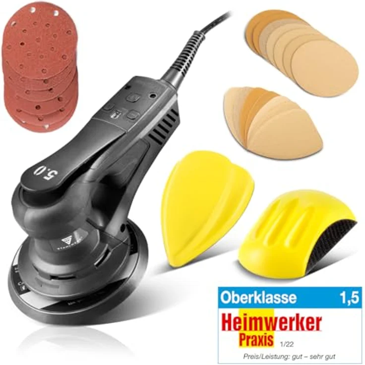 STAHLWERK Exzenterschleifer ES-150 ST, 350 W, vibrationsarm, Brushless mit 150-mm-Schleifteller, Set mit Schleifblöcken P80-P320 – Bild 2