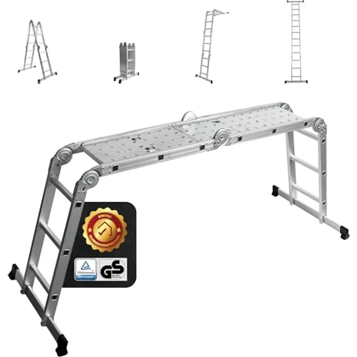 siwitec Mehrzweckleiter 4 x 3 Stufen, Leiter mit 2 Gerüstplatten, Aluleiter bis 150 kg, 12 Stufen, TÜV/GS zertifiziert – Bild 1