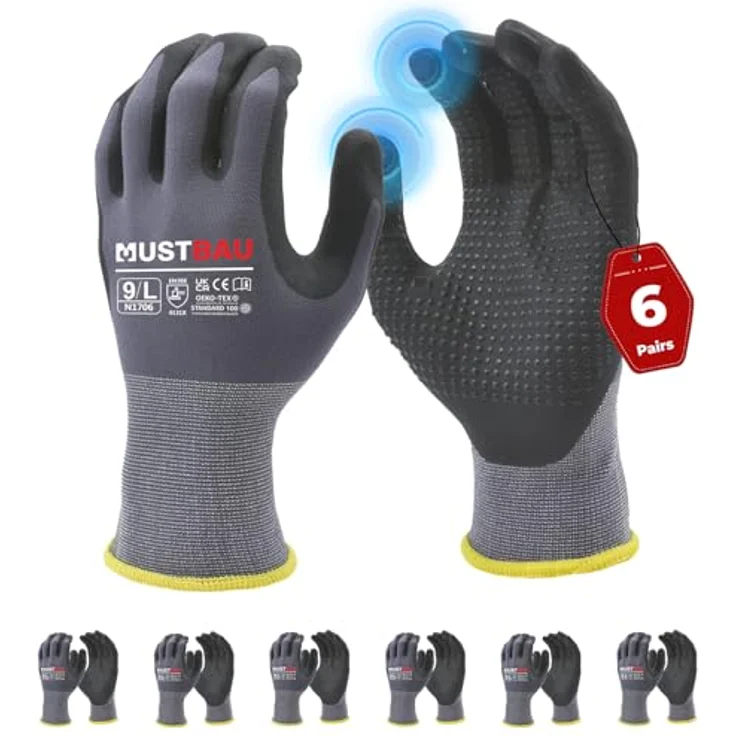 Mustbau Arbeitshandschuhe (6-St) 12/6/3 Pack, Abriebfest Gartenhandschuhe Montagehandschuhe, Touchscreen-fähig, Schwarz – Bild 2