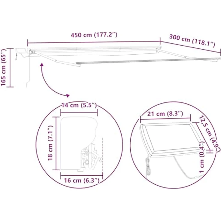 vidaXL Manueller Markisenrahmen mit LEDs, 4,5 × 3 m, hellgrau, pulverbeschichteter Aluminiumrahmen, energiesparende LED-Beleuchtung – Bild 2