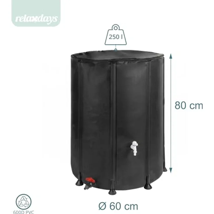 relaxdays Regentonne Faltbare Regentonne 250l, schwarz, Wasserspeicher mit Reißverschlussdeckel und zwei Anschlüssen – Bild 5