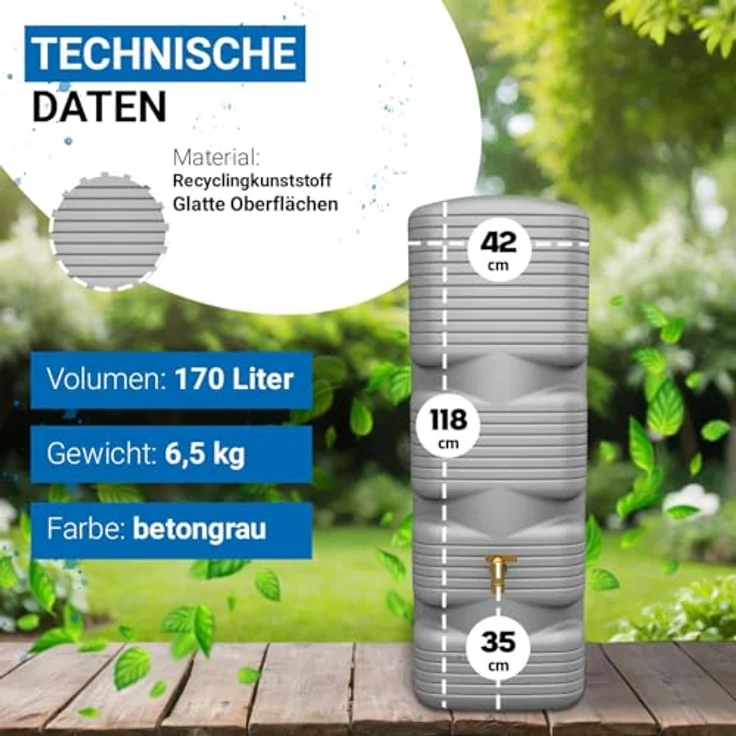 4rain Quadro Regentonne Komplett-Set 170 Liter betongrau - Effiziente Regenwassersammlung, schlanke Bauweise, langlebig und UV-beständig – Bild 3