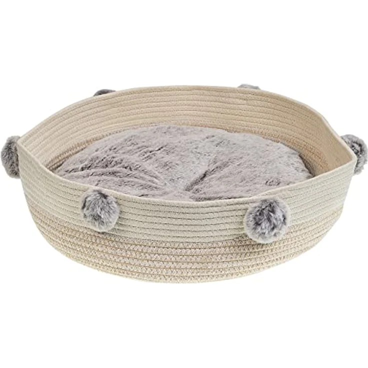 Beliani Runde flauschige Tierbett aus Baumwolle für Hunde Katzen, Beige, Ø 44 cm, mit dekorativen Pompons – Bild 1