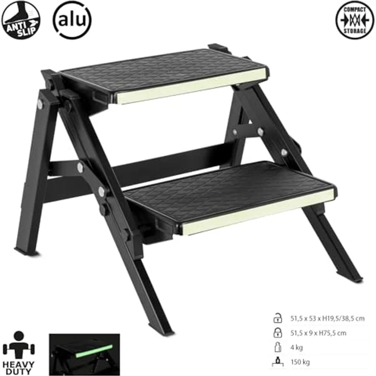 BRUNNER Trittleiter Doppel Trittstufe Ruckstep Black Fluo, Camping Tritt mit fluoreszierenden Sicherheitsstreifen – Bild 2
