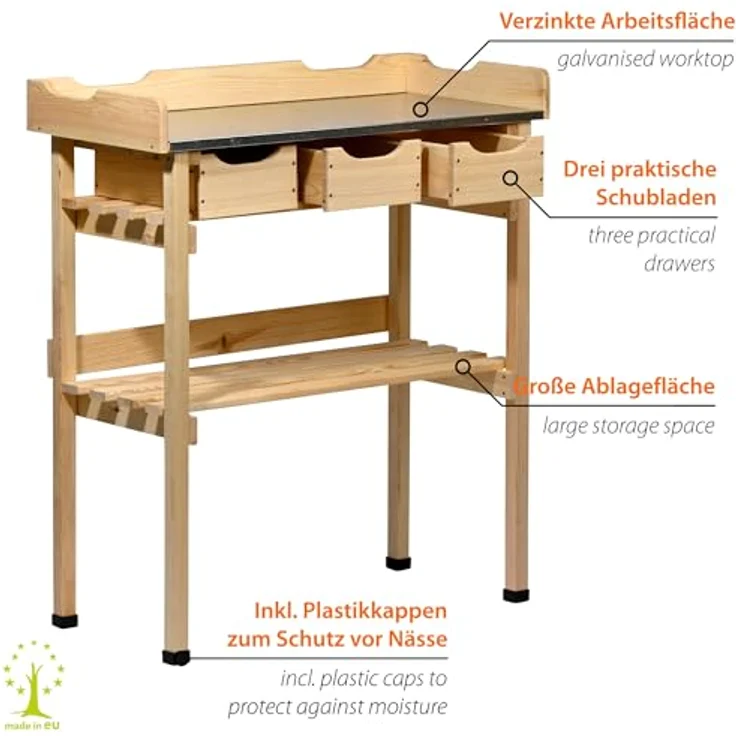 dobar® Pflanztisch mit 3 Schubladen und Ablageboden, Massivholz mit verzinkter Arbeitsplatte, 78 x 38 x 88 cm, Natur – Bild 3