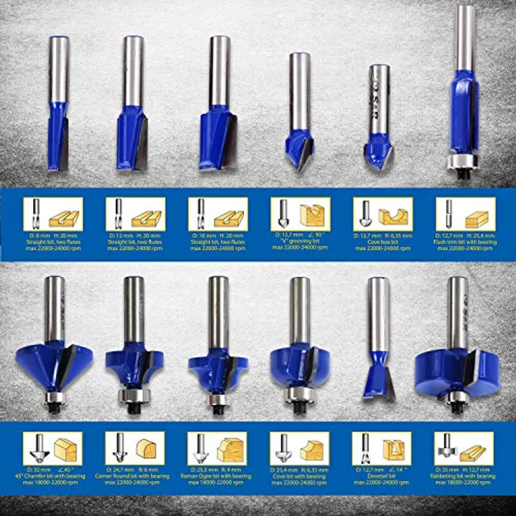 S&R Hochleistungs Fräser-Set 12-tlg, Holzfräser in Industrie-Qualität für hartes und weiches Holz mit Holzkoffer, Fräser-Bit Satz, Schaft 8mm, gehärtete Wolframkarbid Hartmetall-Schneiden, YG8 – Bild 4