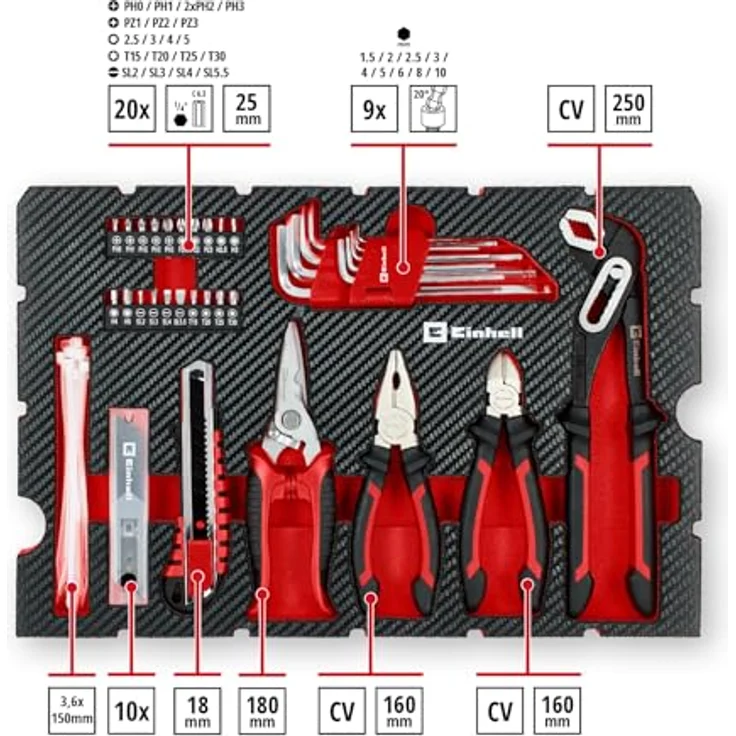 Einhell 370511 Werkzeugkoffer E-Case, 79-teiliges Starter Set mit Zangen, Hammer, Schraubendreher und Messwerkzeugen – Bild 2
