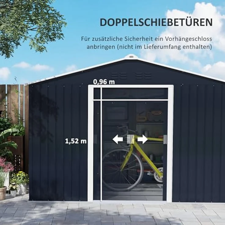 Outsunny Verzinkter Stahl Gerätehaus 4,9m² 277x195x192cm Geräteschuppen mit Satteldach, Fundament, Schiebetür, wetterfest Dunkelgrau – Bild 4