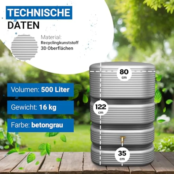 4rain Wandtank Quadro, 500 l Regenwasserspeicher in Betongrau mit fünf Gewindeanschlüssen, UV-stabil und robust – Bild 3