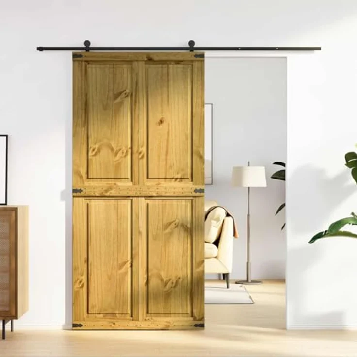 vidaXL Scheunentür Corona, 100 x 210 cm, Massives Kiefernholz, honigbraun, Stylische Schiebetür im rustikalen Design, robuster Raumteiler, platzsparend, leicht aufzubauen – Bild 2