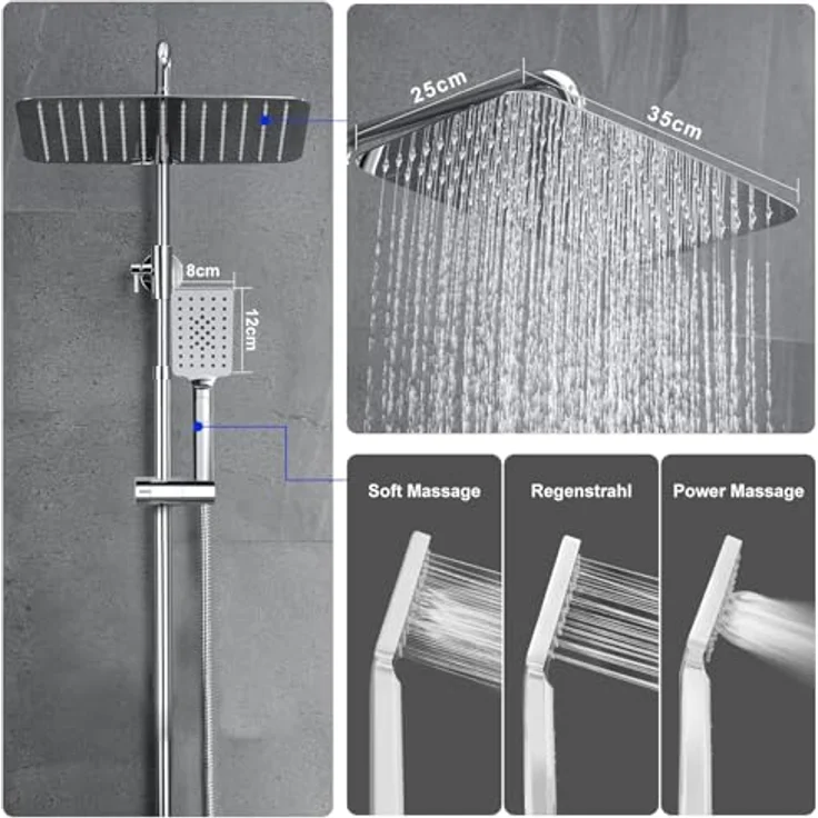 JOHO Edelstahl Duschset ohne Armatur, Regendusche Duschsystem mit höhenverstellbarer Duschstange und XXL Kopfbrause 35x25cm, chrom – Bild 3