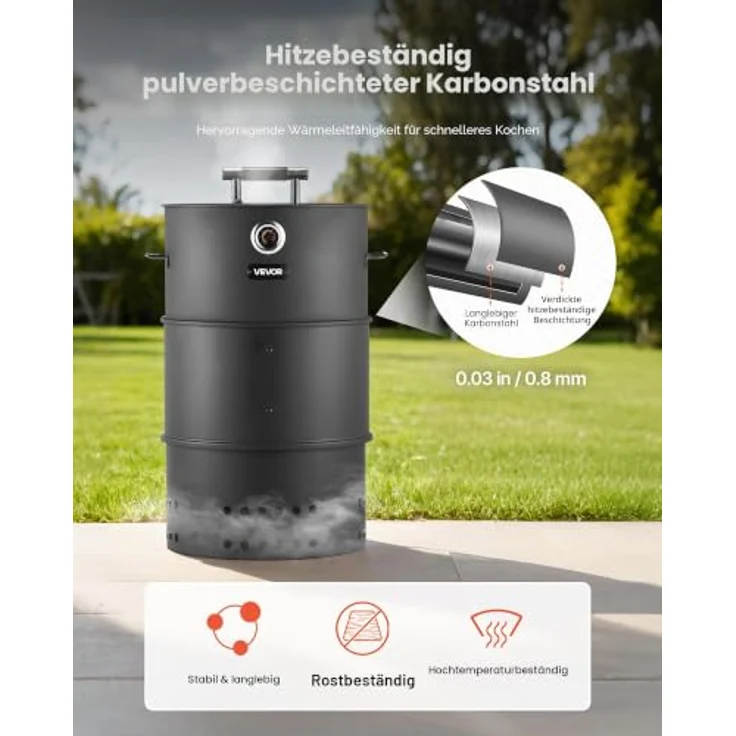 VEVOR Holzkohle-Räucherofen 470 mm, Grilltonne aus beschichtetem Stahl mit 2 Grillrosten, 1 Aufhängestange, 6 Haken, Thermometer für BBQ und Smoken, ideal für Garten & Terrasse – Bild 5