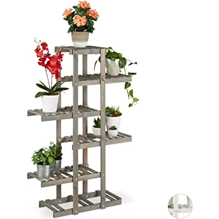 Relaxdays Blumenregal Holz, Blumentreppe 5-stufig, Pflanzenregal Innen, Pflanzentreppe Shabby, HxBxT: 125x81x25 cm, Grau – Bild 2