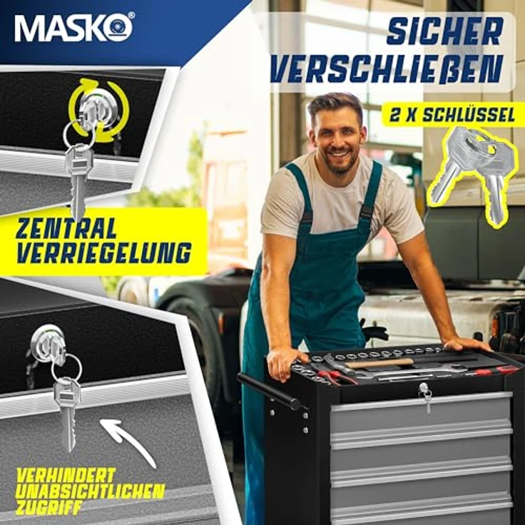 MASKO Werkstattwagen Profi Werkzeugwagen mit 5 Schubladen, abschließbar, graues Metall, max. Traglast 150 kg, Rollwagen zur Werkzeugaufbewahrung mit Schloss & 2 Schlüsseln – Bild 5