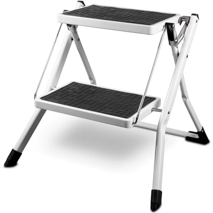 siwitec Mini-Klapptritt aus Stahl mit 2 Stufen Weiß | Kleine Trittleiter mit Anti-Rutsch-Matten | TÜV/GS Zertifiziert | 150 kg Traglast | Klappleiter – Bild 1