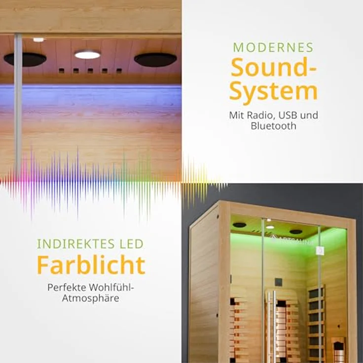 Artsauna Infrarotkabine Kiruna130 Premium Dual Technologie, Hemlockholz, Sound-System, Bluetooth, LED-Farblicht – Bild 4