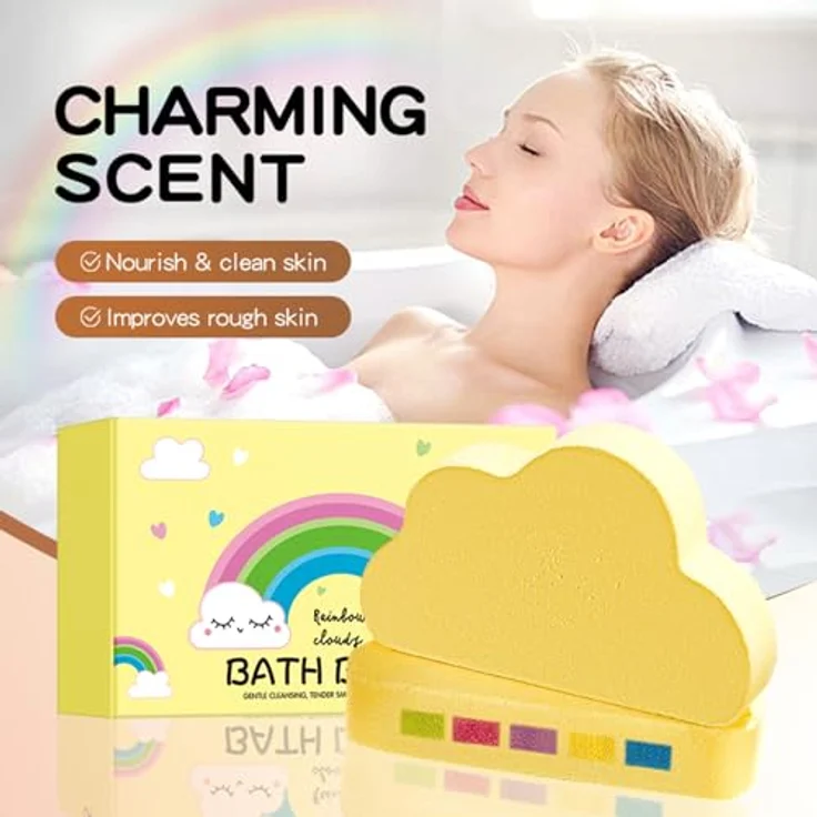 Crsetmyth Rainbow Clouds Badebomben, 4x120g Bunte Badekugeln mit ätherischen Ölen für Entspannung und Feuchtigkeit, perfekt für Damen und Herren – Bild 5