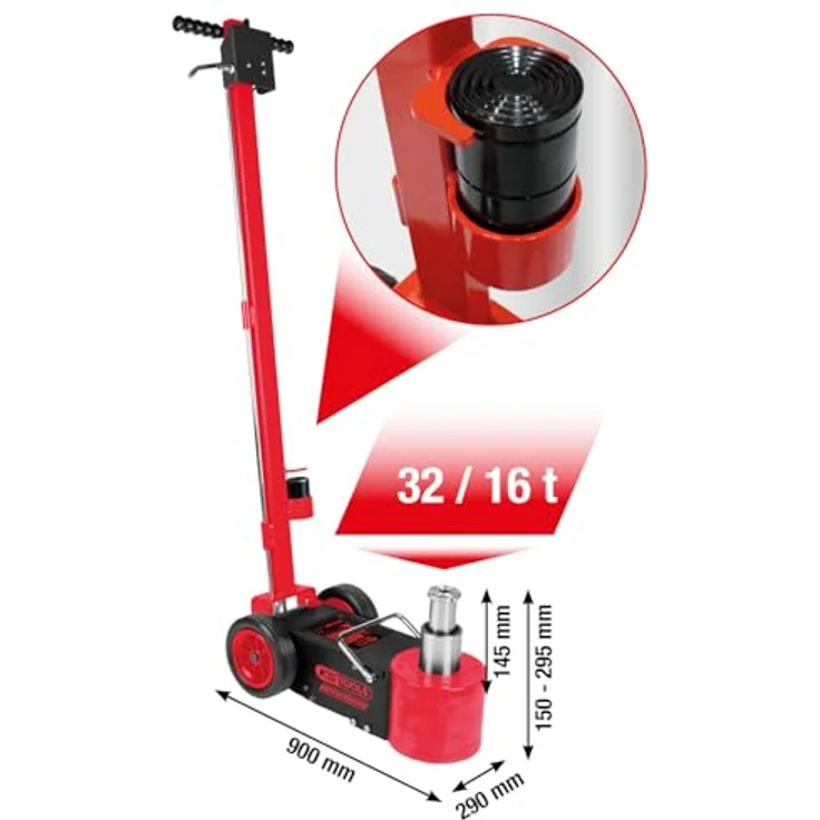 KS Tools performance Lufthydraulischer Wagenheber 32/16 t, robuster Heber mit klappbarem Griff und Sicherheits-Überdruckventil – Bild 2