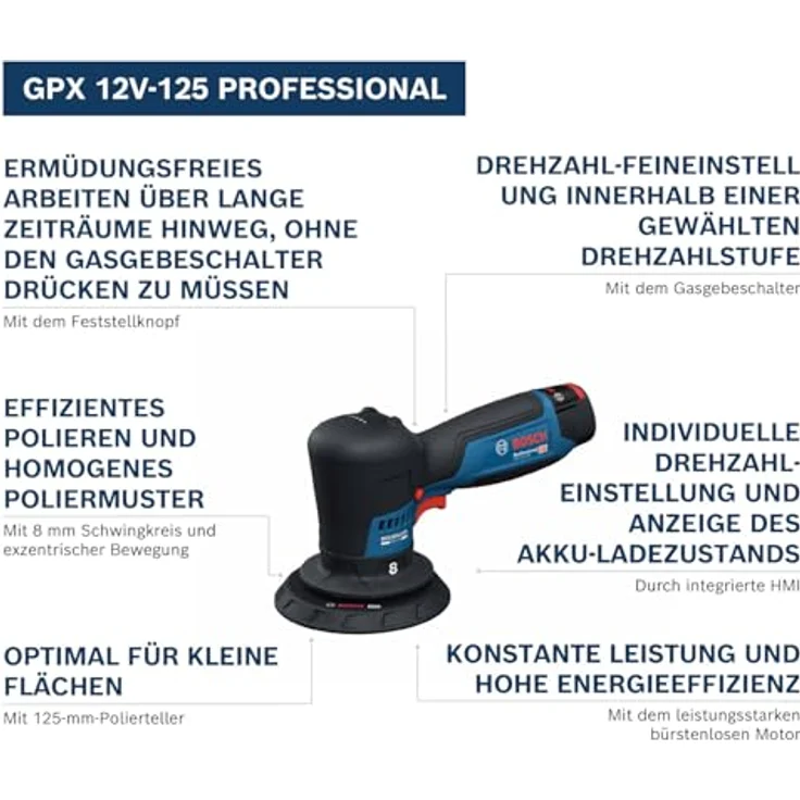 Bosch Professional 12V System Akku-Polierer GPX 12V-125, bürstenloser Motor, Gasgebeschalter, ergonomisches Design, inkl. 125 mm Klett-Stützteller und Polierschwamm – Bild 3