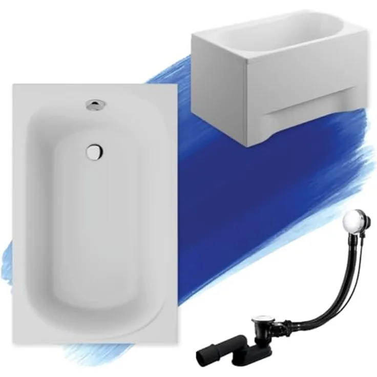 Polimat BADLAND Badewanne Rechteck MINI 110x70 cm, Komplettset mit Weiß Acrylschürze, Füßen und Chrom Automatik Ablaufgarnitur, Made in EU, 4in1