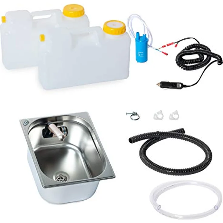 ad-ideen Waschbecken 12V Miniküche Bausatz für Wohnmobile und Camper, Edelstahl 325x265x150mm mit Barwig Automatikwasserhahn – Bild 1