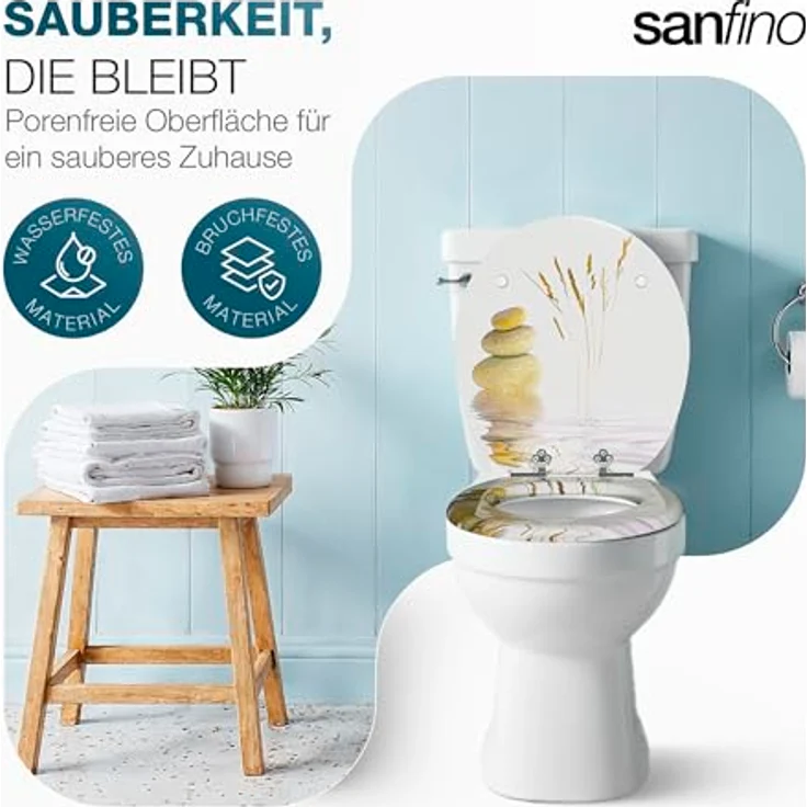 Sanfino WC Sitz Balance ll, Toilettendeckel aus Holz mit Absenkautomatik, Design in Weiß-Flieder mit Stein-Motiv, verchromte Metallscharniere – Bild 3
