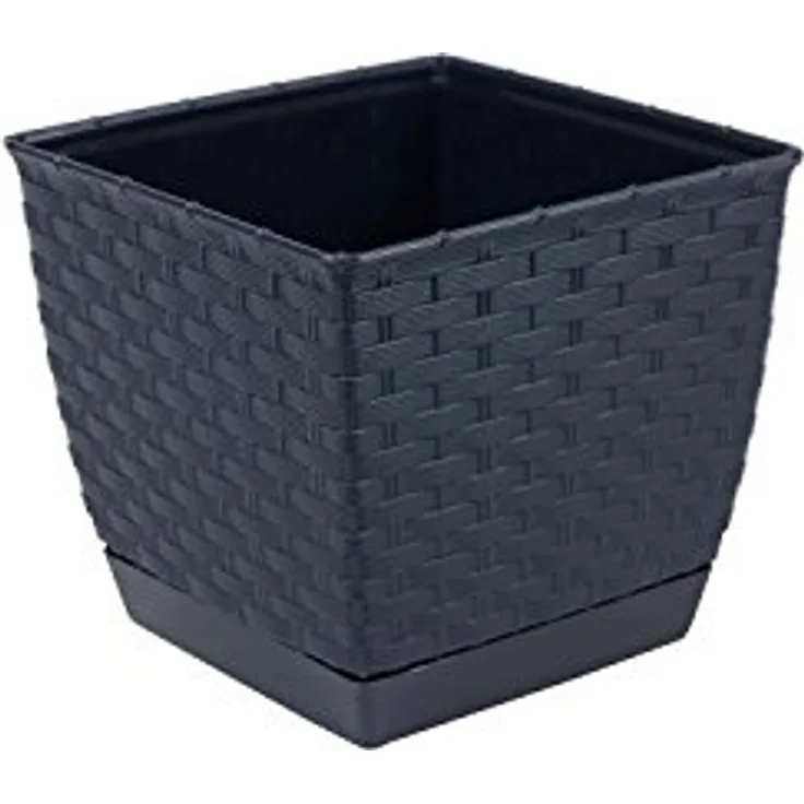 Blumenkübel Rattanoptik mit Untersetzer - anthrazit - 145 x 145 x 126 mm